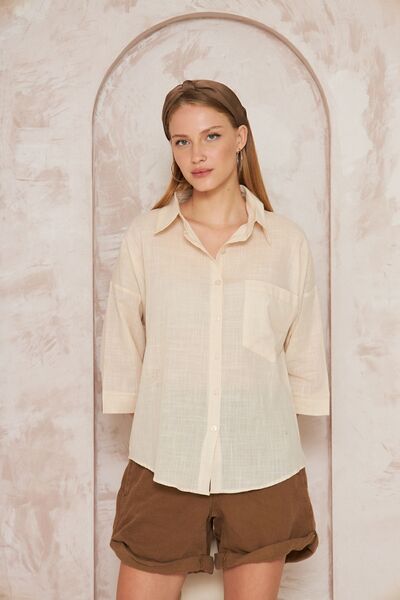 Pasaklı Giyim Μπεζ λινό αθλητικό πουκάμισο - φαρδύ, μανίκι τριών τετάρτων, τσέπη, 100% βαμβακερό φλάμ 3619210