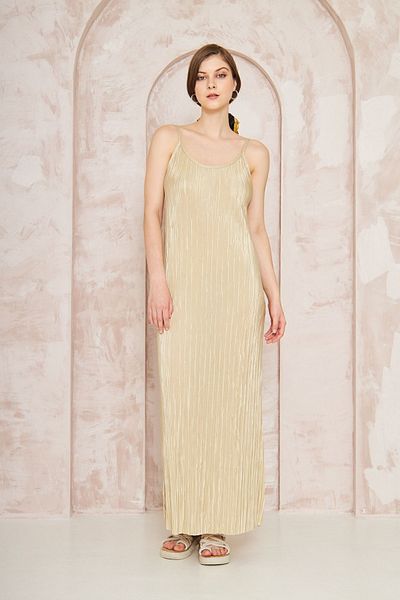 Yıldızistan Gold V-Neck Long Pleated Dress - Thin Straps and Slits, Special Occasion / Casual / Invitation3609180