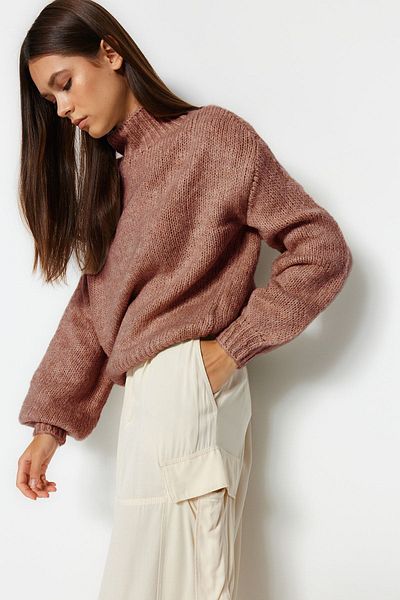Trendyol Collection Pulover de tricotaj cu gât gros, cu textura moale, Dusty Rose TWOAW24KZ00290