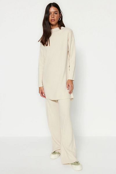 Trendyol Modest Kő, fél garbó, bordás pulóver-nadrág kötöttáru szett TCTAW22US0101