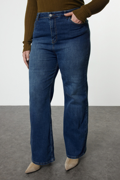 Trendyol Curve Modré džíny velké velikosti s vysokým pasem a širokými nohavicemi Tbbaw25Cj00022