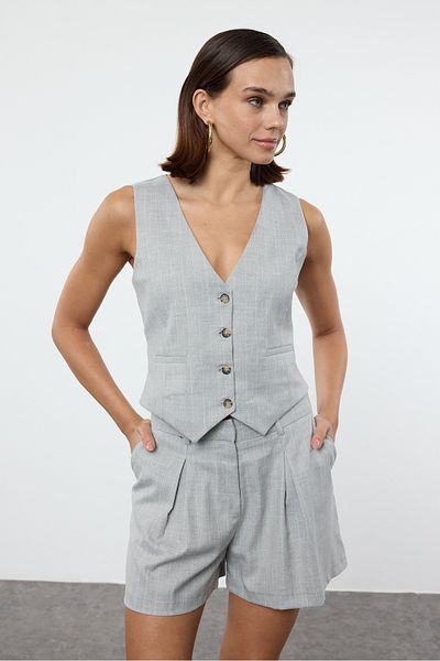 Trendyol Collection Gray Striped Crop/Short Woven Regular Vest Twoaw25Ye00076