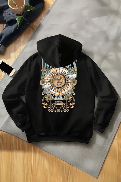 Edit by Trendyol Unisex Μαύρο φούτερ με κουκούλα - Μακρυμάνικο, Ζεστό τύπωμα, TEDAW25SW00054