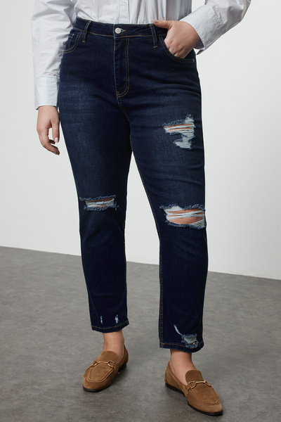 Trendyol Curve Sötétkék magas derekú szakadt részletek, rugalmas vékony farmernadrág TBBSS22JE0187