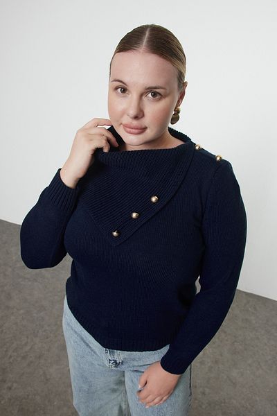 Trendyol Curve Sötétkék gombos, széles garbós pulóver - Tbbaw25an00047