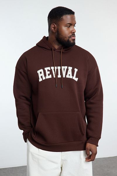 Trendyol Collection Unisex Plus Size Oversize Fleece βαμβακερό φούτερ - Καφέ, εμπριμέ TMNAW24AO00021