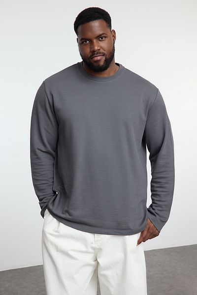 Trendyol Collection Plus Size Anthracite 100% Cotton Regular/Normal Fit Textured Thick Comfortable T-Shirt Tmnaw25Bf00000