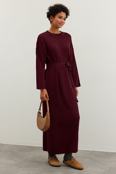 Trendyol Modest Πλεκτό φόρεμα μπορντό με ραβδώσεις TCTAW24EB00008