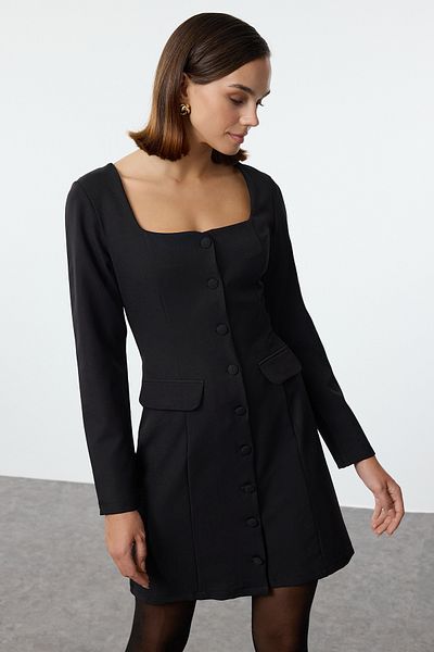 Trendyol Collection Μίνι υφαντό φόρεμα σακάκι - Μαύρο, Λεπτομέρεια τσέπης Twoaw25el00139