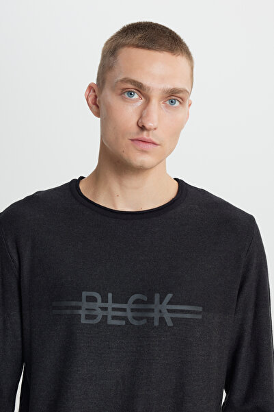 ALTINYILDIZ CLASSICS Erkek Siyah-antrasit Standart Fit Normal Kesim Bisiklet Yaka Baskılı Triko Kazak