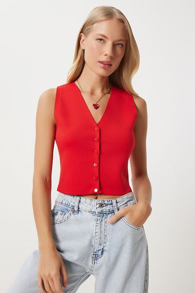 Happiness İstanbul Rote Strickweste für Damen mit V-Ausschnitt – PF00087