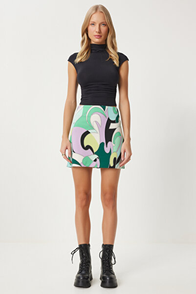 Happiness İstanbul Spódnica damska mini dzianinowa w kolorze wodno-zielonym, czarnym, wzorzysta - Fn03199