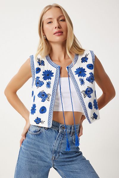 Happiness İstanbul White Embroidered Linen Women's Vest - with Tie Detail Qs00009