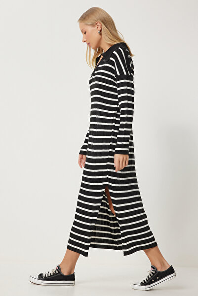 Happiness İstanbul Rochie de damă tricotată cu dungi cu decolteu polo - alb-negru JG00002