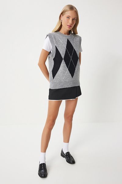 Happiness İstanbul Gray Diamond Patterned Women's Knitwear Sweater - An00211