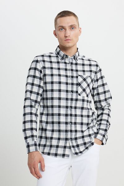AC&Co / Altınyıldız Classics Schwarz-graues Slim Fit Flanellhemd für Herren - geknöpfter Kragen, warmes kariertes Winter-Holzfäller-Landwirtschaftsmuster
