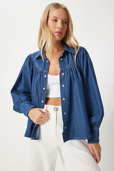 Happiness İstanbul Cămașă de damă din denim cu mâneci cu balon albastru închis - RH00030