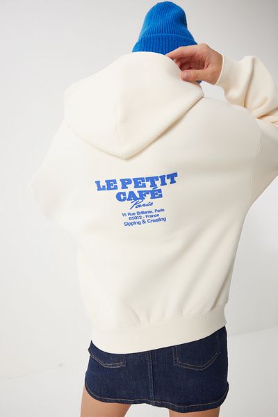 Happiness İstanbul Cremefarbenes Damen-Sweatshirt – Kapuze und Kapuze, cremefarbener Aufdruck UB00293