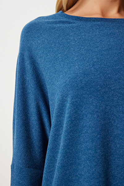 Happiness İstanbul Γυναικεία πλεκτή μπλούζα Indigo Blue - Crew Neck, Bat Sleeve EN00616