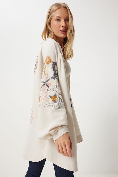 Happiness İstanbul LeinenKimono - Creme Orange Bestickt, Damen, Or00005
