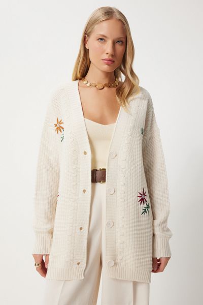 Happiness İstanbul Cremefarbene Strickjacke aus Strick mit Blumenstickerei für Damen KG00002