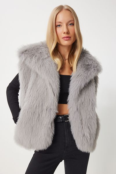 Happiness İstanbul Stone Gray Faux Fur Women's Vest - Yl00003