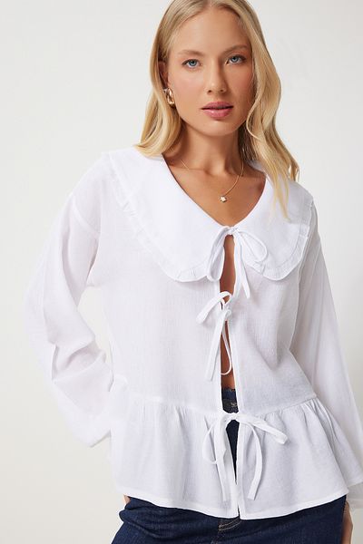Happiness İstanbul Ecru Balloon Sleeve Bow Women's Blouse - Fn03373