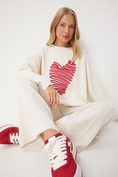 Happiness İstanbul Ecru Damen-Strickpullover in Übergröße – Herzstickerei YJ00018