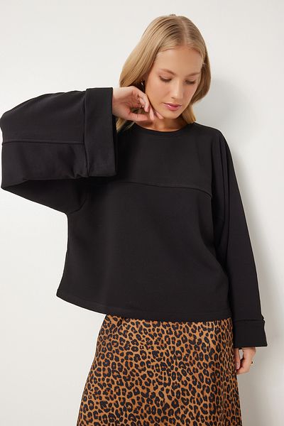 Happiness İstanbul Schwarzes Oversize-Strick-Sweatshirt – weite Ärmel für Damen FN03334