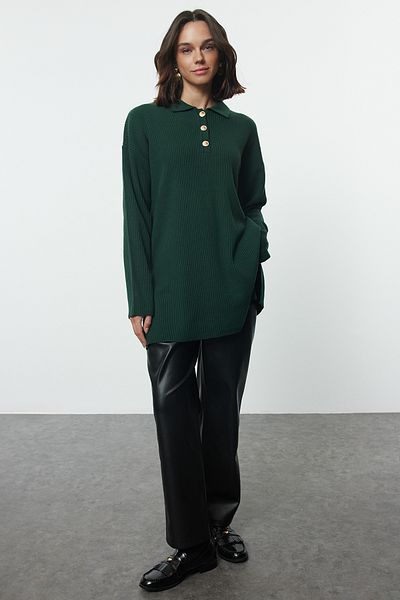 Trendyol Modest Emerald Green Corded Knitwear Sweater - Shirt Collar and Button Detail Tctaw25Ak00011