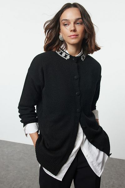 Trendyol Modest Knitwear Cardigan - Black, Příslušenství Detailed, TCTAW25TH00004
