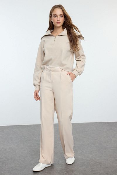Trendyol Collection Beige Wide Leg Woven Trousers - Belt Detailed, TWOAW24PL00341