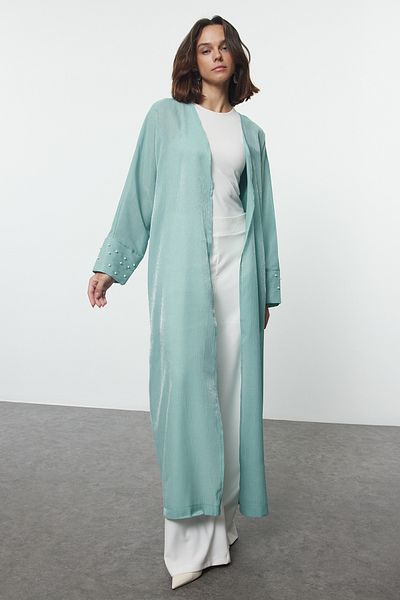 Trendyol Modest Glänzendes Mintgrün, gewebt – Kappe, Ferace und Abaya mit Perlenverzierung TCTAW25KF00011
