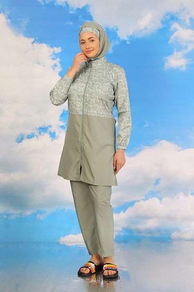 Akbeniz Γυναικείο μαγιό με σχέδιο με παντελόνι Full Hijab Water Green 31074