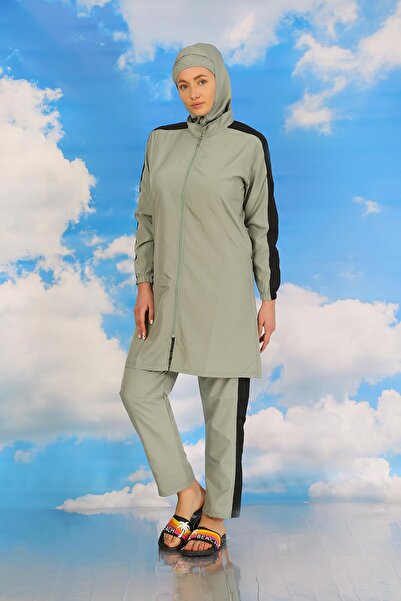 Akbeniz Water Green Full Hijab Swimsuit - Stripe and Pants, Women's, 31065