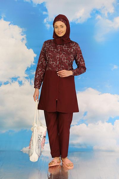 Akbeniz Claret Red Patterned Full Hijab Pants μαγιό - Γυναικείο 31075