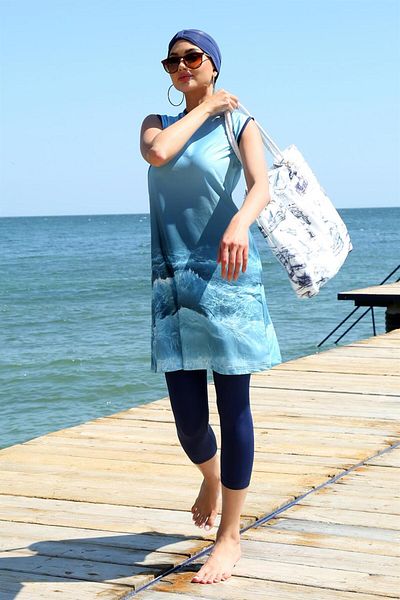 Akbeniz Μαγιό με μοτίβο μηδενικού μανικιού Half Hijab 33009