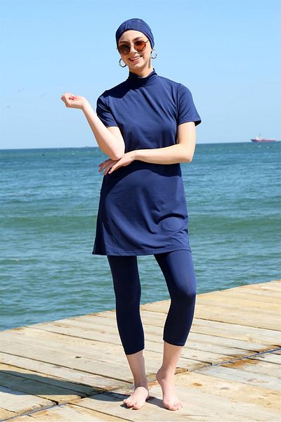 Akbeniz Κοντό μανίκι Navy Blue Half Hijab μαγιό 33015