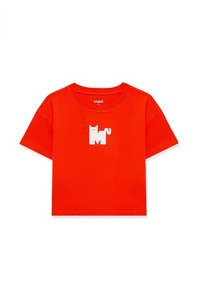 Mavi M Cat Printed Red Crop T-Shirt Crop / Short Cut7610169-70480