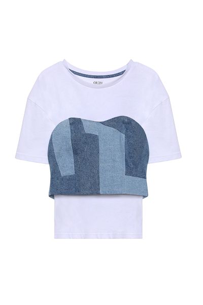 Quzu Λευκό Basic T-Shirt - Denim Bustier Λεπτομερές