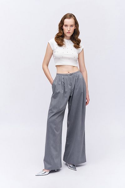 Quzu Gray Trousers with High Waist and Pleat Detail