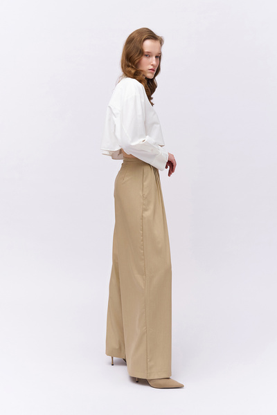 Quzu Pile Detaylı Yüksek Bel Pantolon Bej