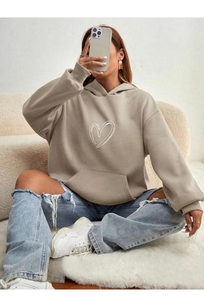 NO 601 Beige Women's Oversize Heart Printed Sweatshirt