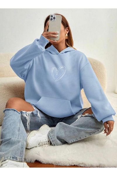 NO 601 Hanorac oversize cu imprimeu inimă pentru femei BabyBlue