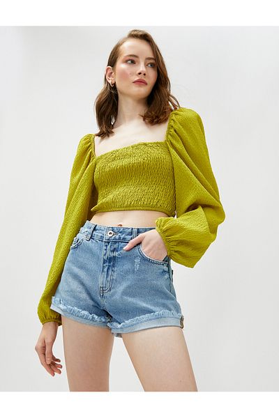 Koton Crop Μπλούζα Ελαστικό Μπαλόνι Μανίκι τετράγωνο λαιμό