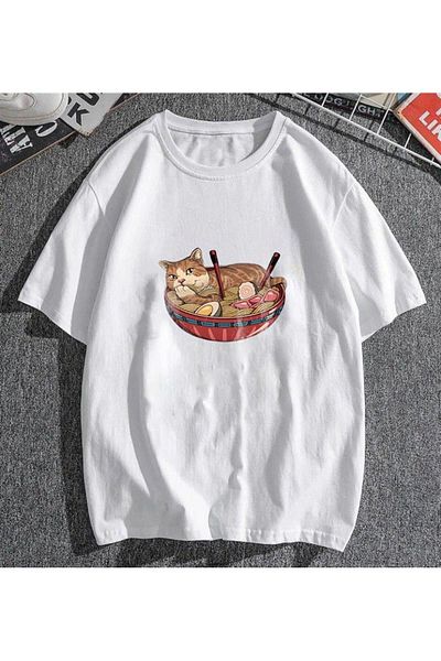 Pink Sky Cat On Plate White Unisex Oversize T-shirt