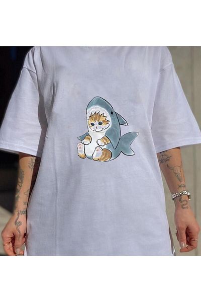 Pink Sky Shark Cat White Unisex Oversize T-shirt
