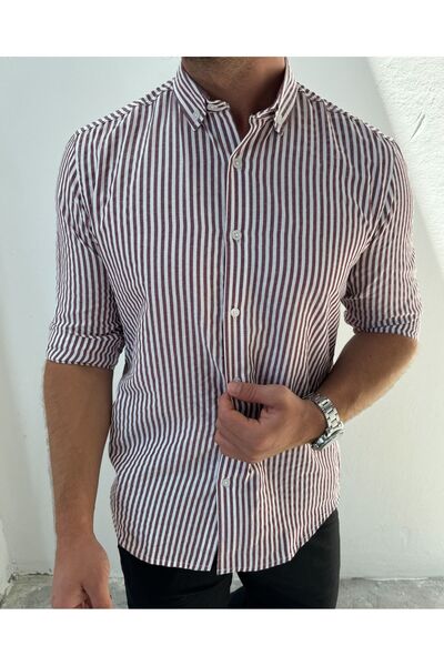 King Brothers Men's - Thick Burgundy Striped, Full Fit, Long Sleeve Shirt