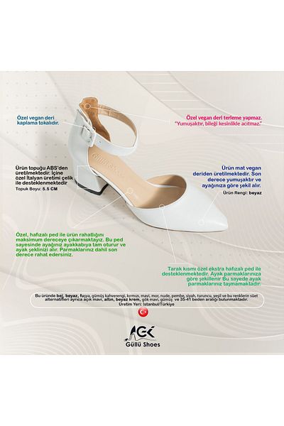 Güllü Shoes Femei - Pantofi confortabili din piele vegană, albă, mată, cu toc mic, zilnic și ocazional special