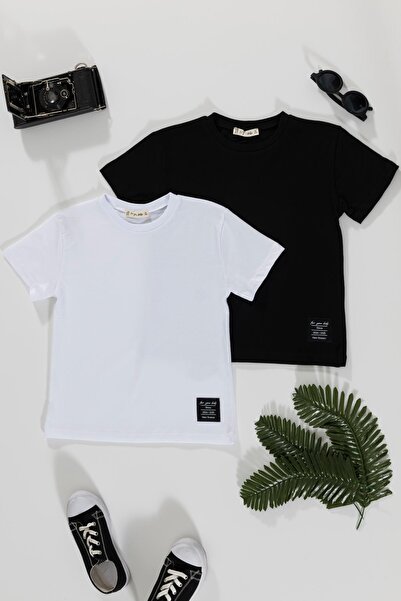 for you kids 2-piece label detailed black and white t-shirt
